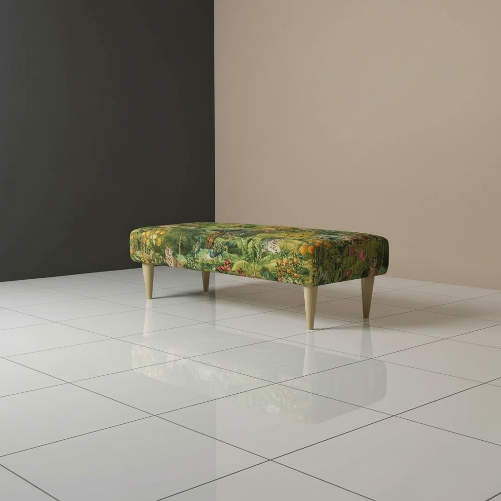 Luxury abstract art style upholstered bench with solid wooden legs