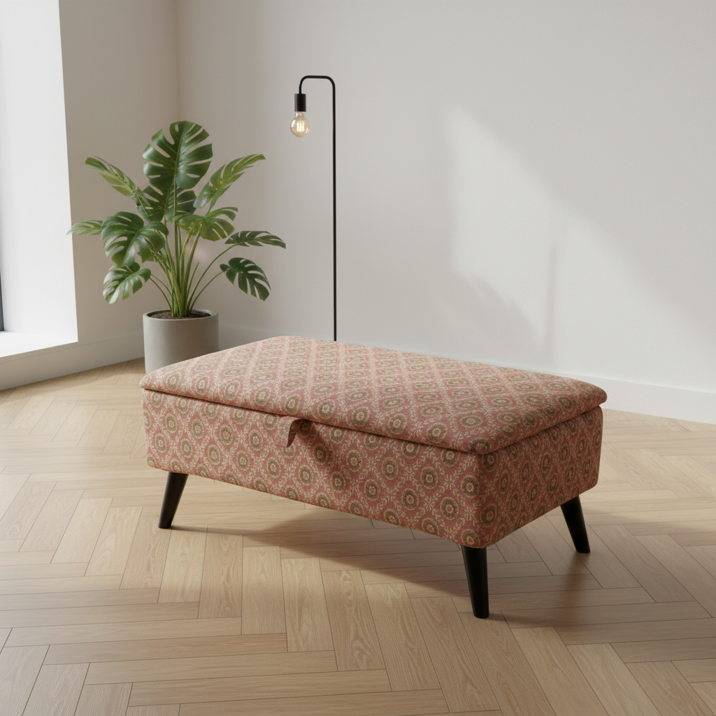 Modern hallway storage ottoman bench with multi toned artistic fabric