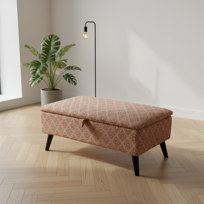 Modern hallway storage ottoman bench with multi toned artistic fabric