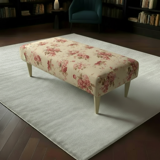 Modern rectangular vanity bench with multi-toned abstract fabric and wooden legs