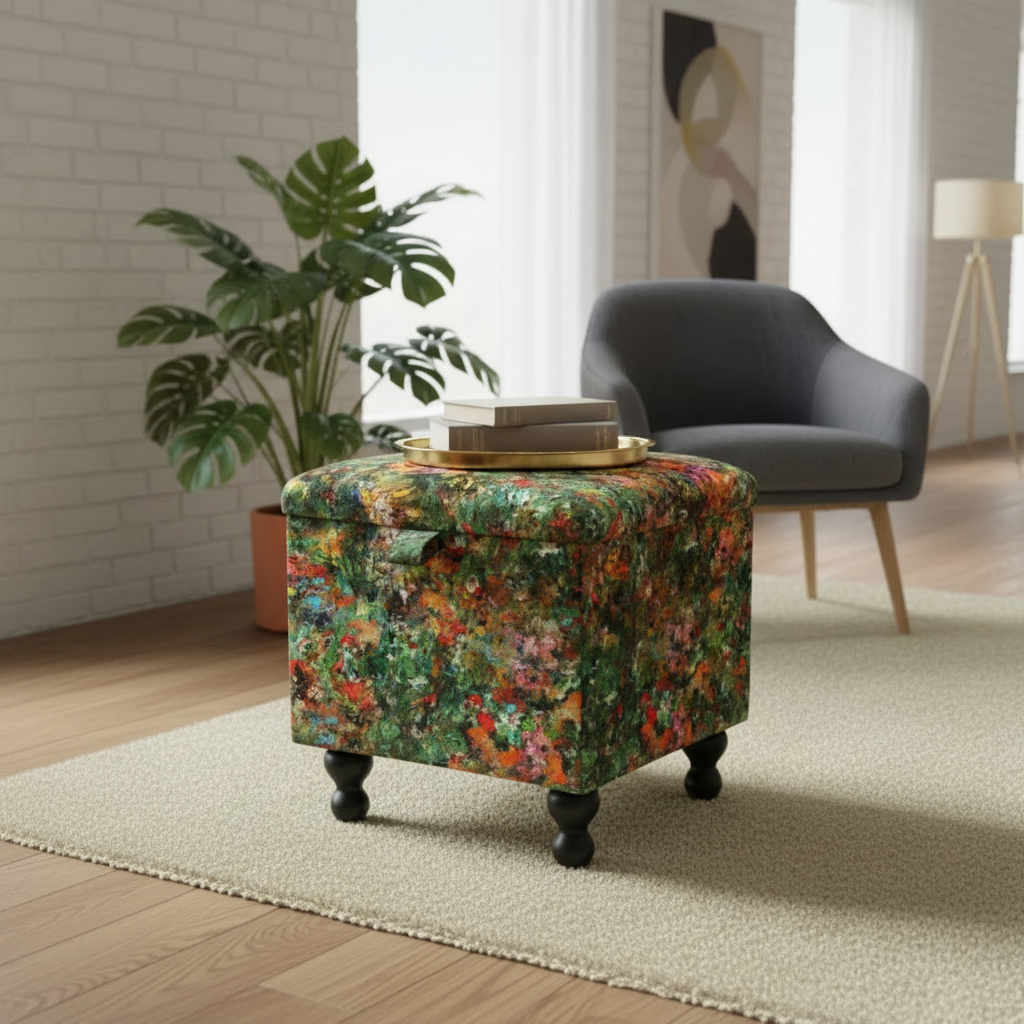 Modern square ottoman organiser with durable legs and premium designer fabric
