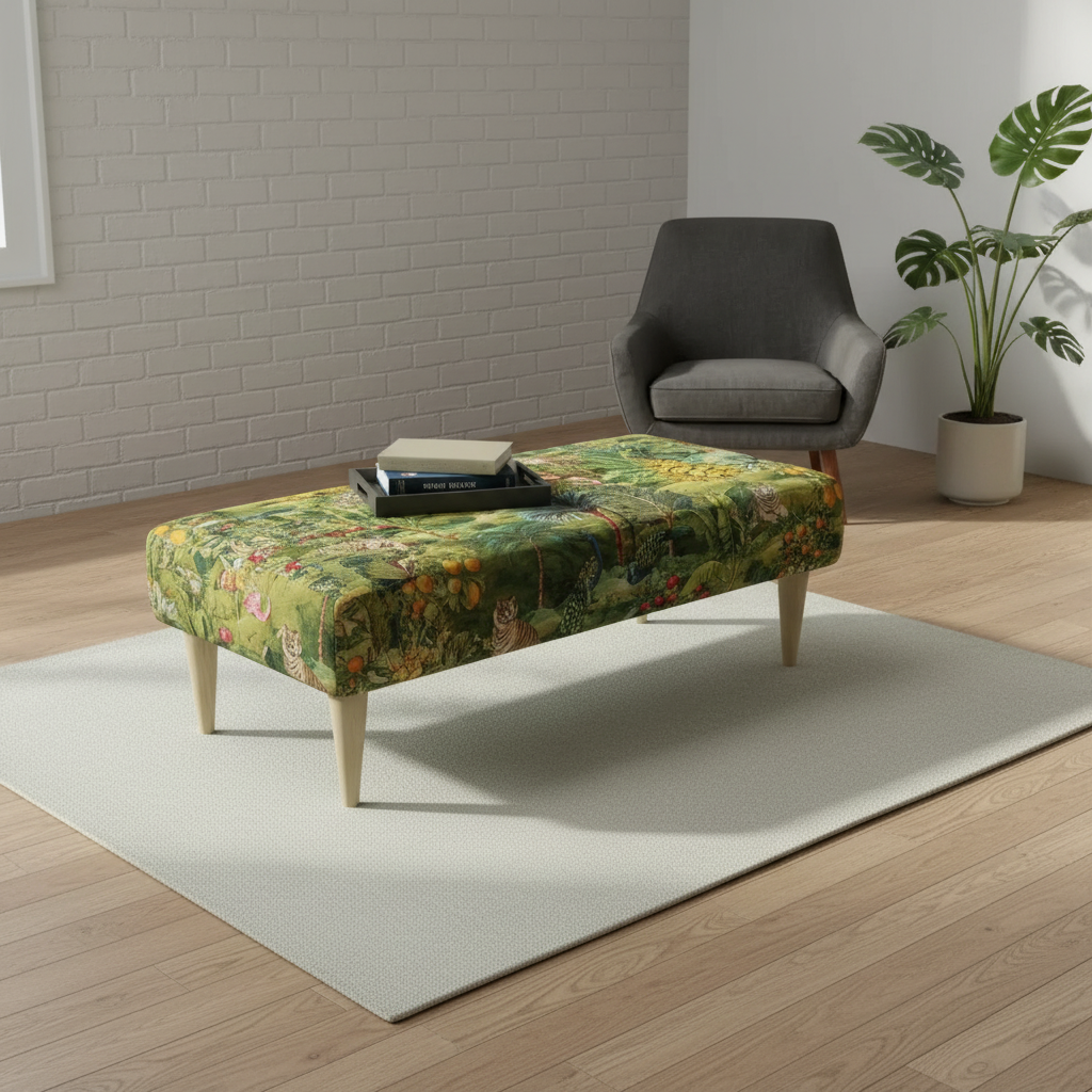 Modern dining bench seat with statement fabric and seamless fixed top design