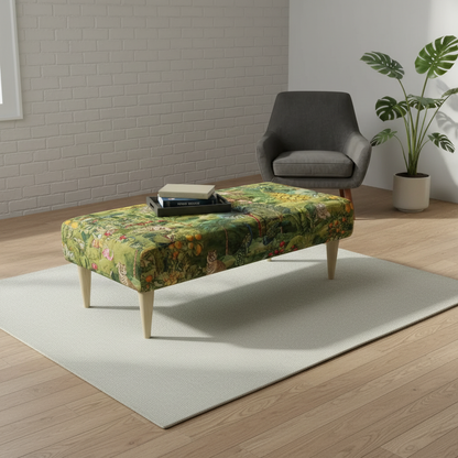 Modern dining bench seat with statement fabric and seamless fixed top design