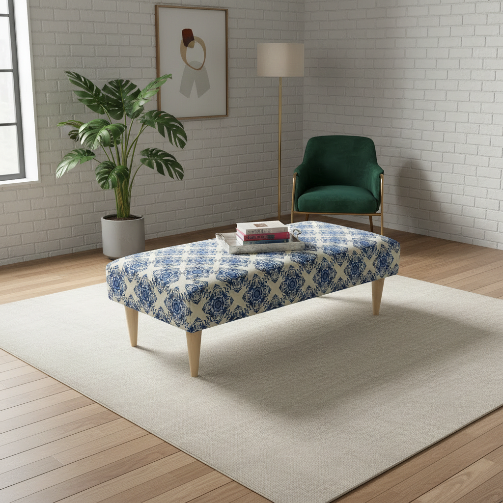 Multi-functional stitched detail pouffe bench for seating and coffee table use