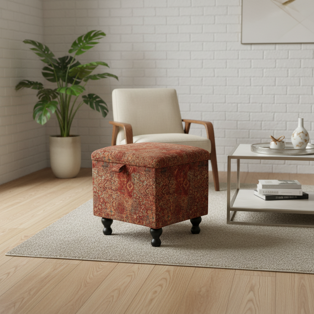 Multi-purpose square ottoman serving as coffee table and storage solution