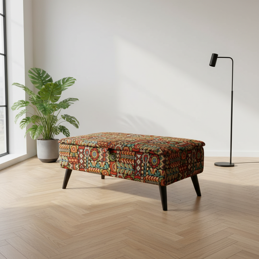 Multi-toned abstract art style rectangular storage ottoman for apartment