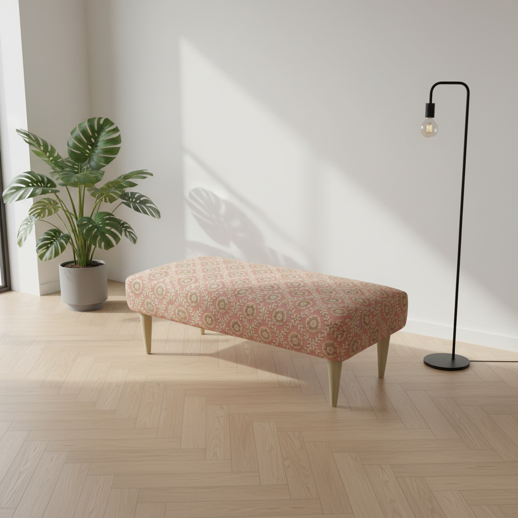 Multi-toned abstract upholstered ottoman with fixed top and supportive firm seating for living spaces