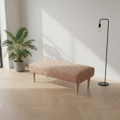 Multi-toned abstract upholstered ottoman with fixed top and supportive firm seating for living spaces