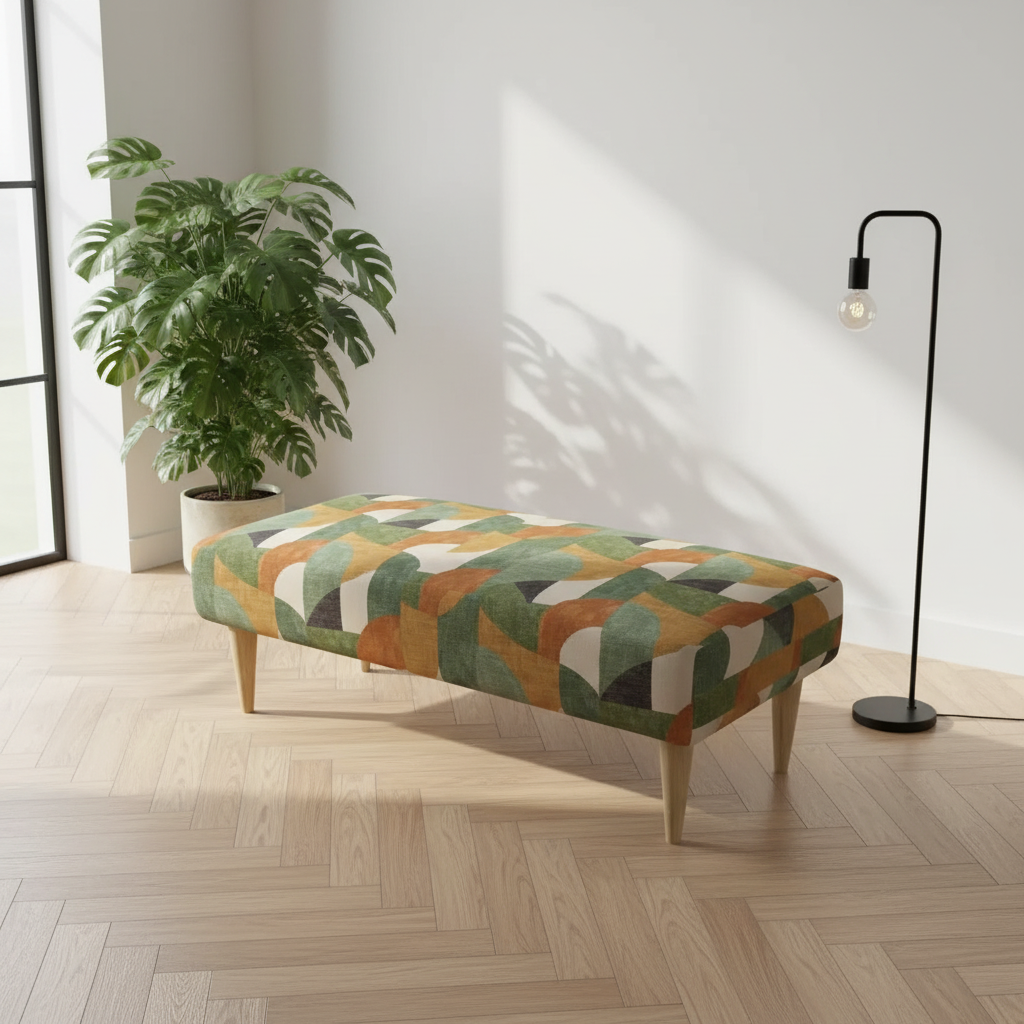 Multi-toned artistic bench with fixed top and solid wood legs for stylish seating