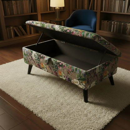 Multi-toned statement bench with deep storage for blankets and throws