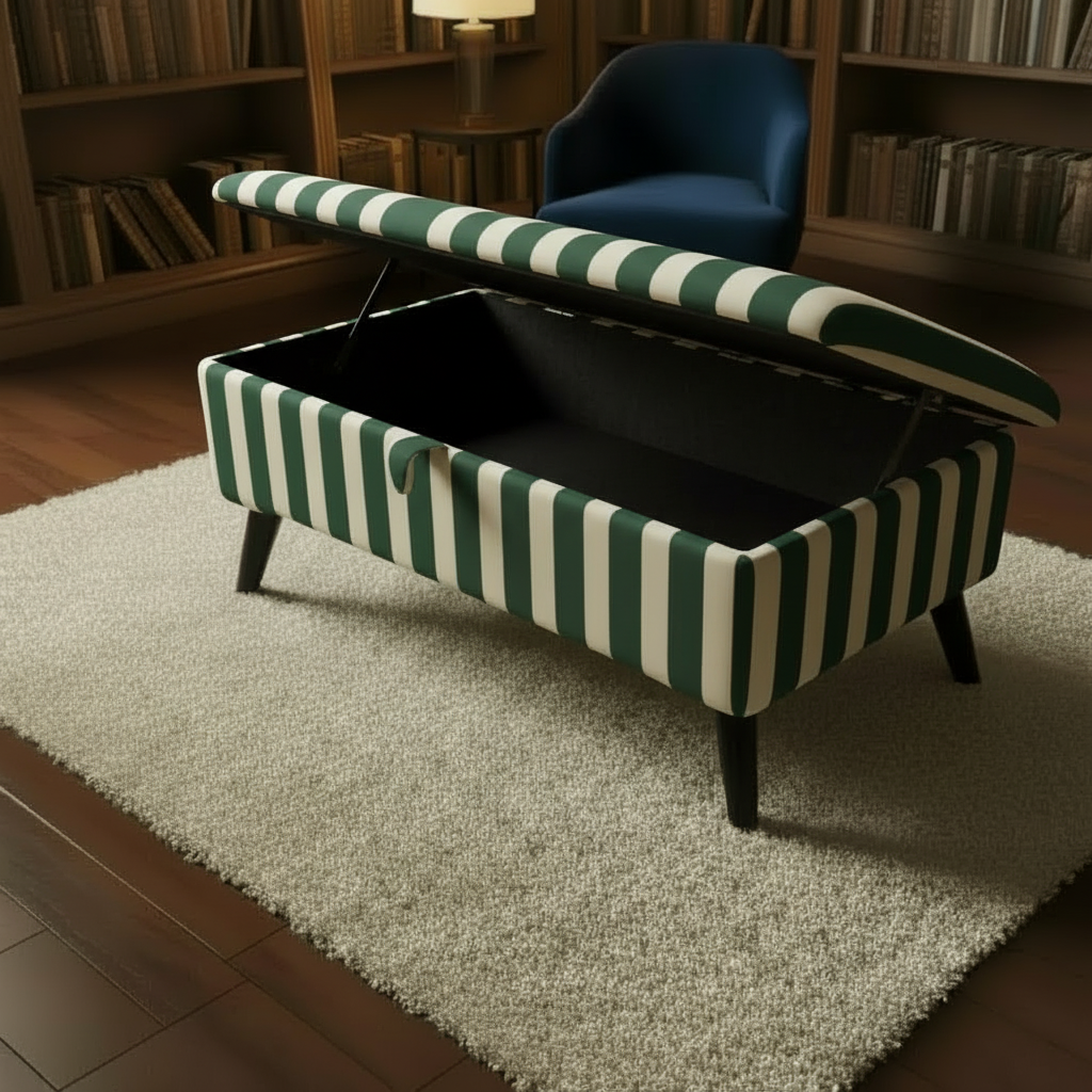 Multi-toned statement fabric seating bench for bedroom organisation