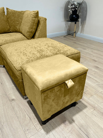 Mustard Gold Small Plain Storage Box | Small Gold Footrest UK | Gold Ottoman Stool with Storage