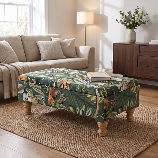 Premium Green Floral Velvet Ottoman Bench with Storage – Luxury Coffee Table & Pouffe Seating
