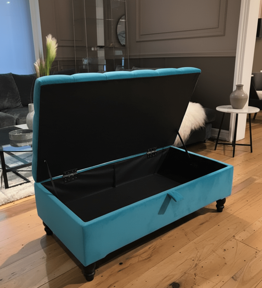 Rectangular Buttoned Footstool with Wooden Legs UK