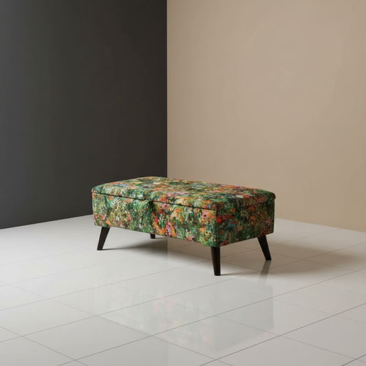 Rectangular storage ottoman bench with expressive multi-toned designer pattern