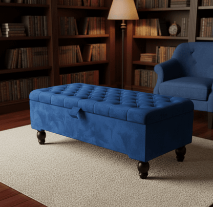 Royal blue velvet tufted storage ottoman bench with wooden legs.