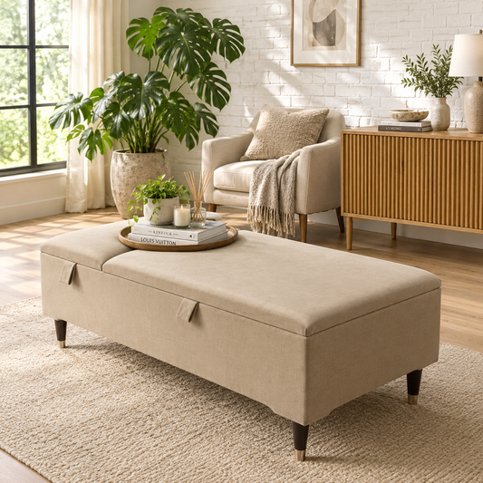 Champagne Velvet Chesterfield Ottoman Coffee Table with Storage – Handmade UK Furniture