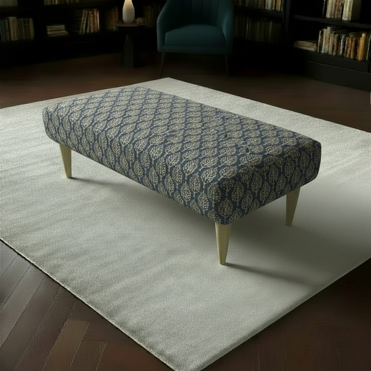 Sleek Profile Upholstered Bench with vibrant artistic fabric and wooden legs