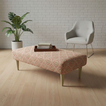 Sleek rectangular ottoman with solid wood frame and painterly designer fabric as a statement piece