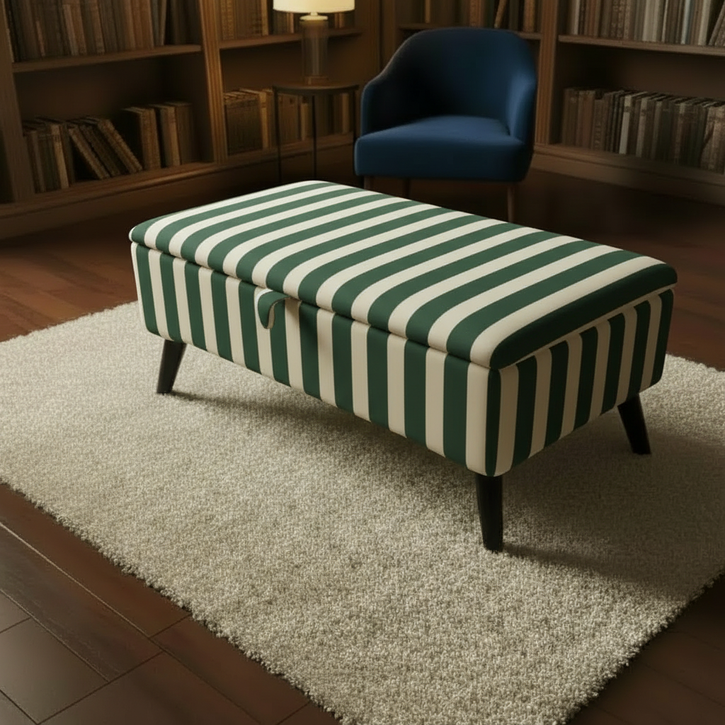 Soft top bedroom bench with storage featuring vibrant abstract designer pattern