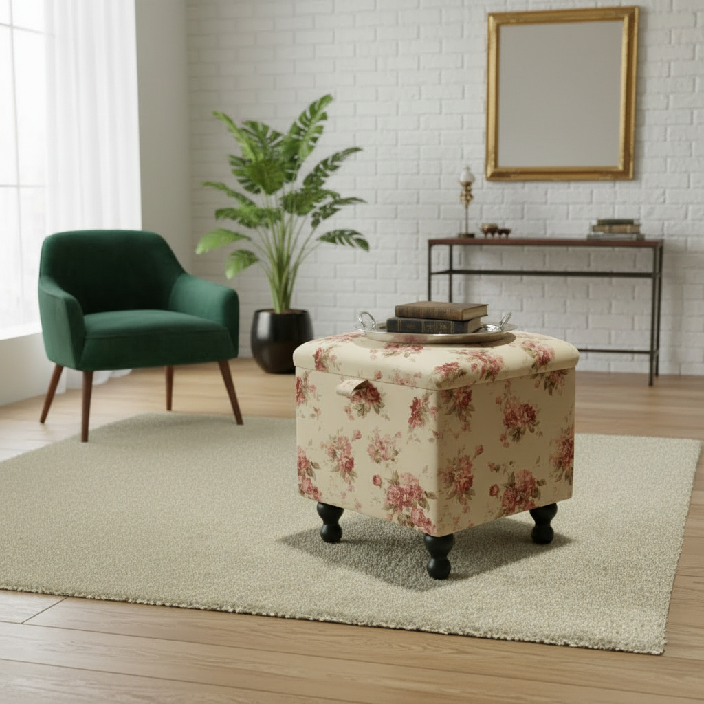 Solid wood frame footstool with removable tray and durable fabric