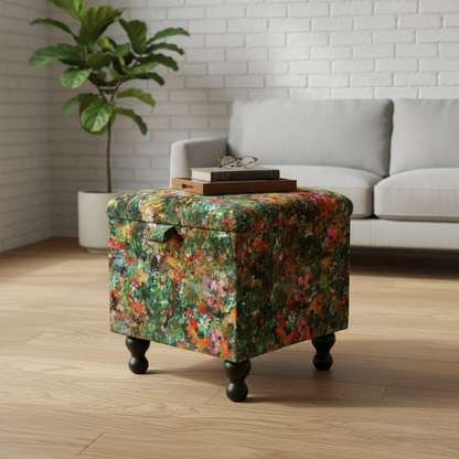 Space saving living room organiser ottoman with deep hidden storage compartment
