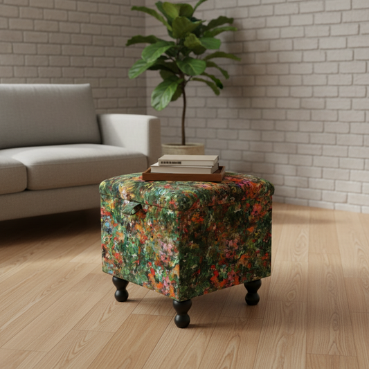 Square storage ottoman with artistic multi toned statement fabric and solid legs
