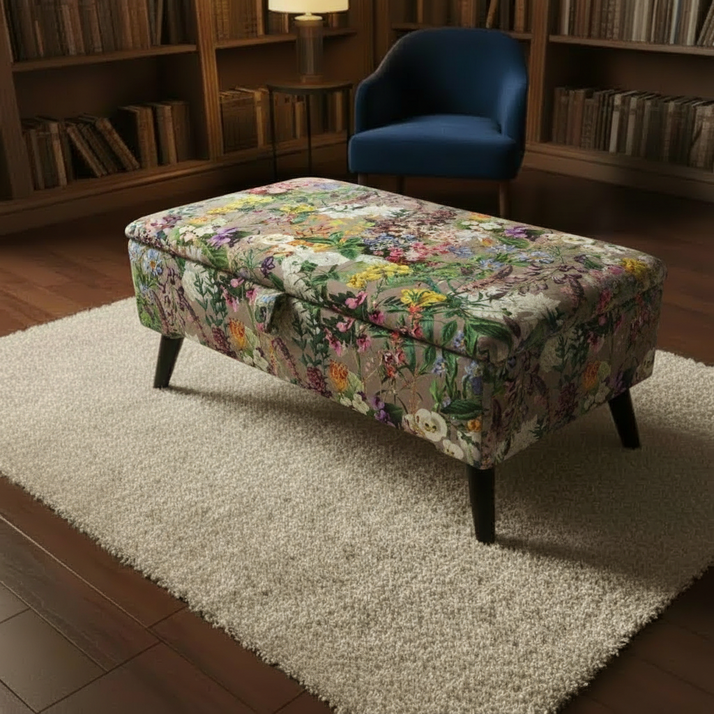 Statement designer bench with abstract art style fabric and hinged storage lid