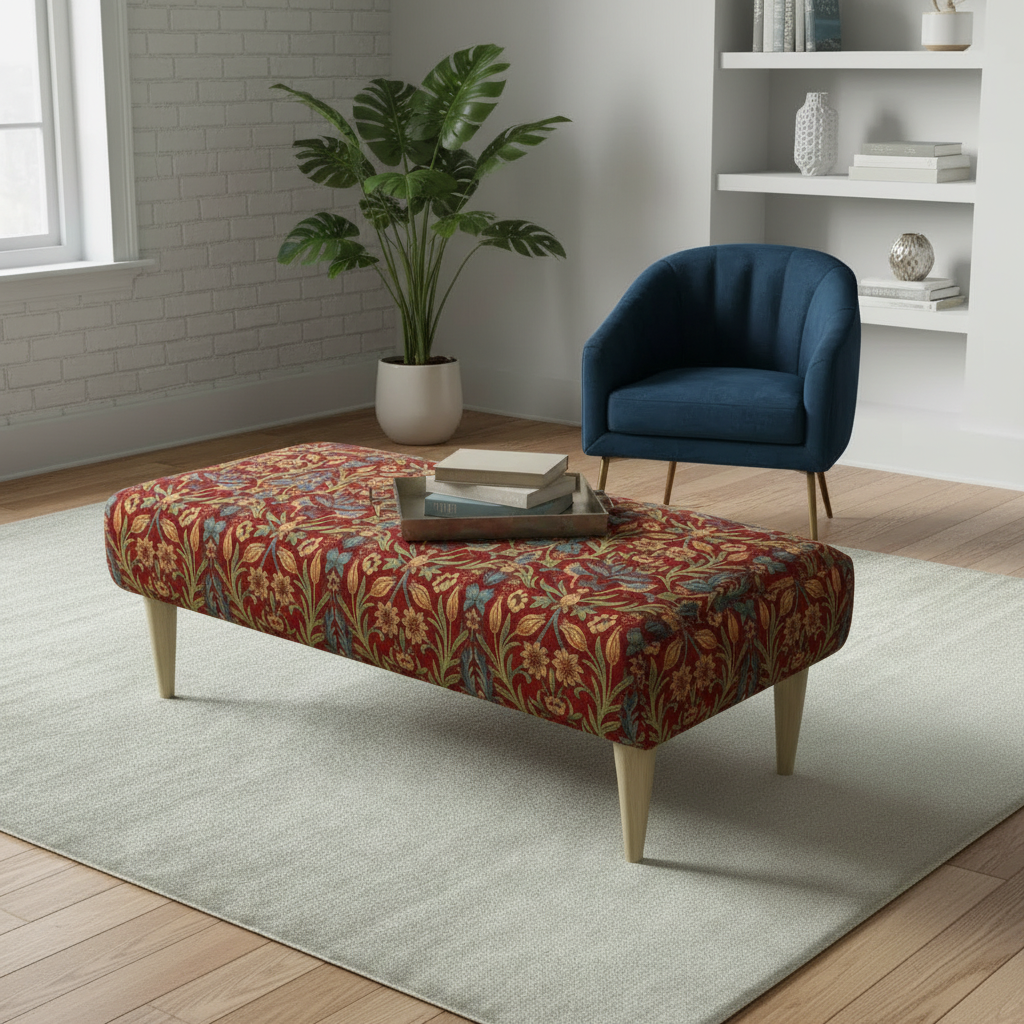 Statement rectangular bench with elegant handcrafted wooden legs and premium fabric