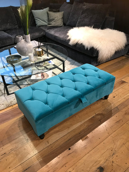 Teal Blue Chesterfield Velvet Storage Bench Coffee Table