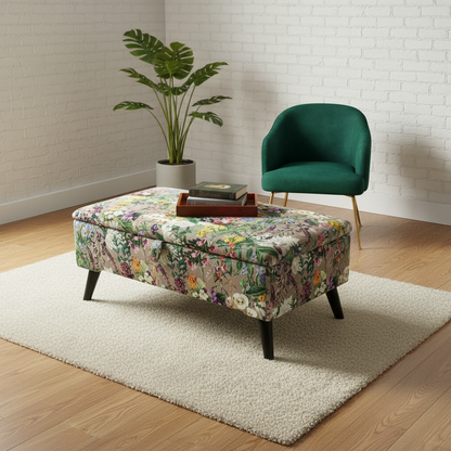 UK handmade rectangular storage ottoman with vibrant painterly pattern