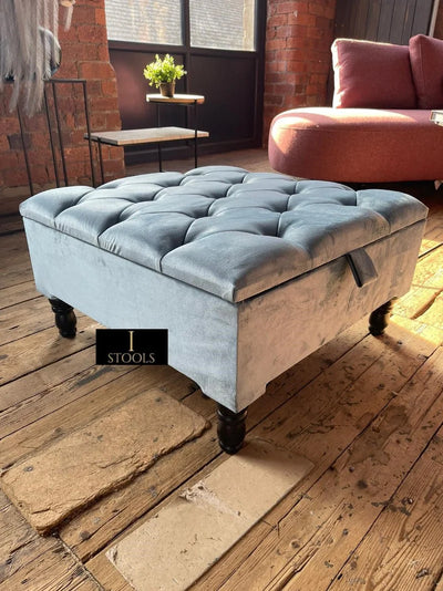 Duck Egg Blue Square Ottoman Storage | Blue Velvet Chesterfield Footstool Or Coffee Table