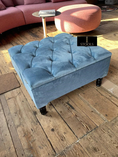 Duck Egg Blue Square Ottoman Storage | Blue Velvet Chesterfield Footstool Or Coffee Table