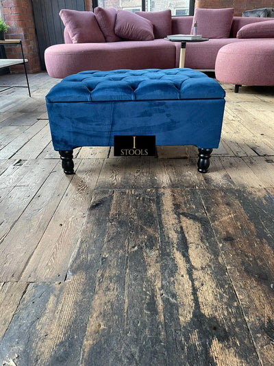 Blue Square Coffee Table Ottoman Storage | Large Blue Velvet Footstool