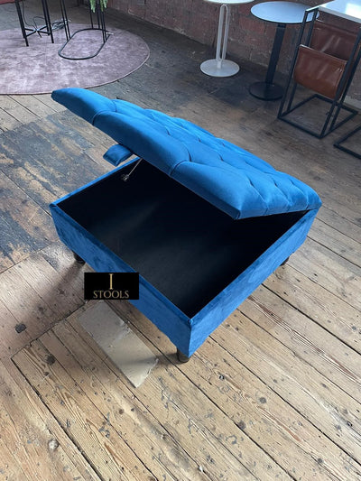 Blue Square Coffee Table Ottoman Storage | Large Blue Velvet Footstool