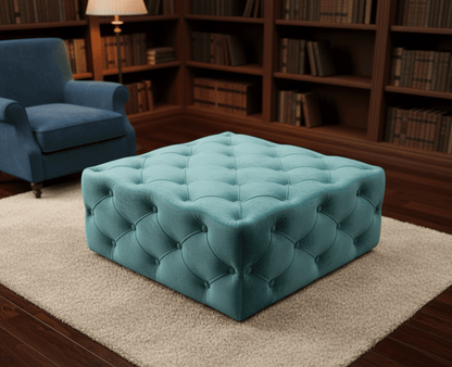Aqua Blue Velvet Ottoman Coffee Table for UK Living Rooms - ISTOOLS