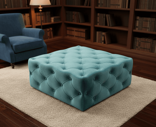 Aqua Blue Velvet Ottoman Coffee Table for UK Living Rooms - ISTOOLS