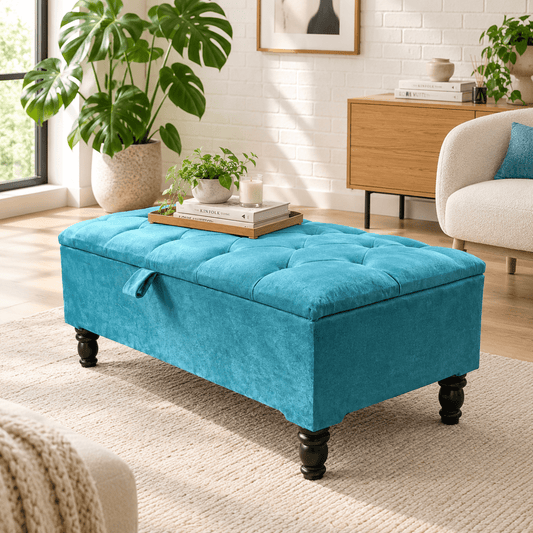 Aqua Lusso Deep Panel Ottoman Storage Bench – Velvet Coffee Table & Seating - ISTOOLS