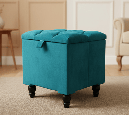 Aqua velvet ottoman with wooden legs, perfect as coffee table or seat - ISTOOLS
