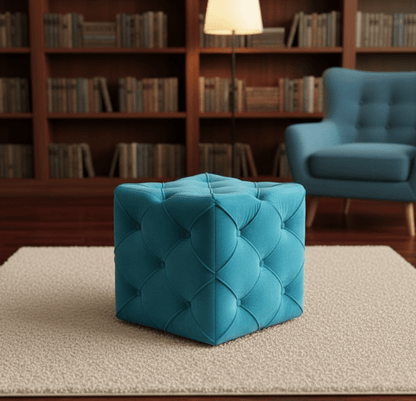 Aqua velvet ottoman cube UK deep buttoned fabric coffee table - ISTOOLS