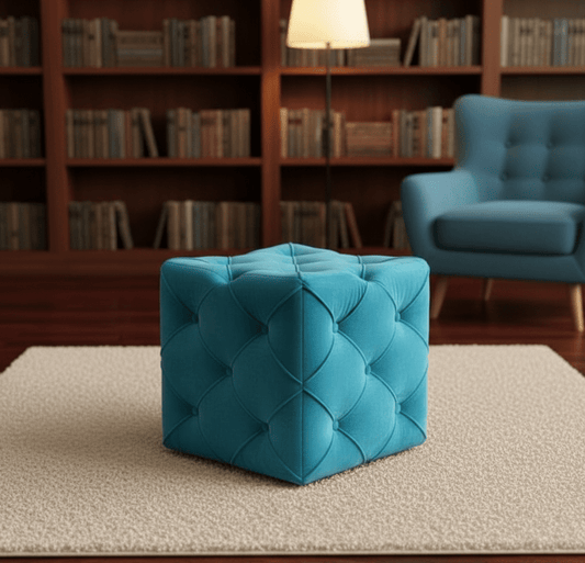 Aqua velvet ottoman cube UK deep buttoned fabric coffee table - ISTOOLS