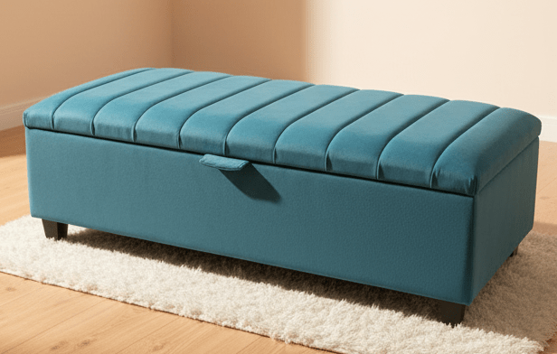 Velvet upholstered aqua ottoman bench with solid wood legs - ISTOOLS