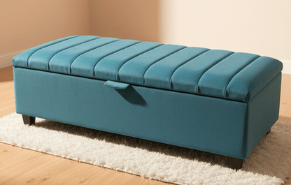 Velvet upholstered aqua ottoman bench with solid wood legs - ISTOOLS