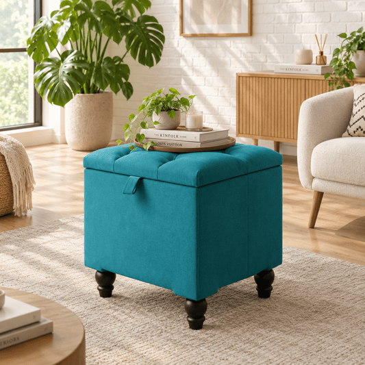 Aqua Velvet Storage Ottoman – Small Square Coffee Table with Hidden Storage Bench - ISTOOLS