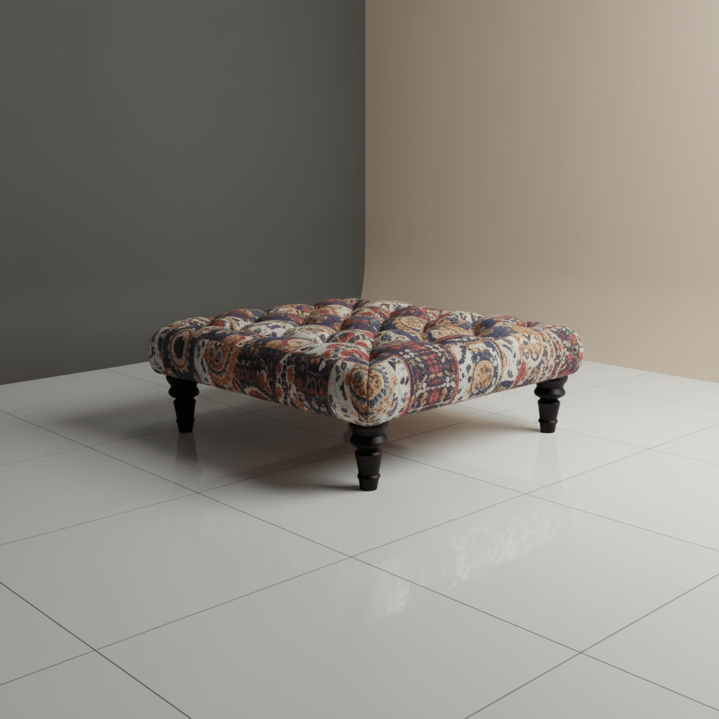Bespoke Buttoned Upholstered Square Footstool Abstract Design - ISTOOLS