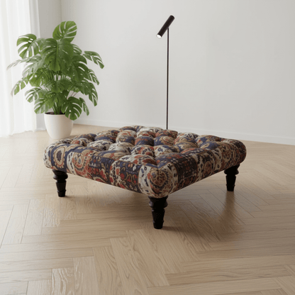 Bespoke Buttoned Upholstered Square Footstool Abstract Design - ISTOOLS