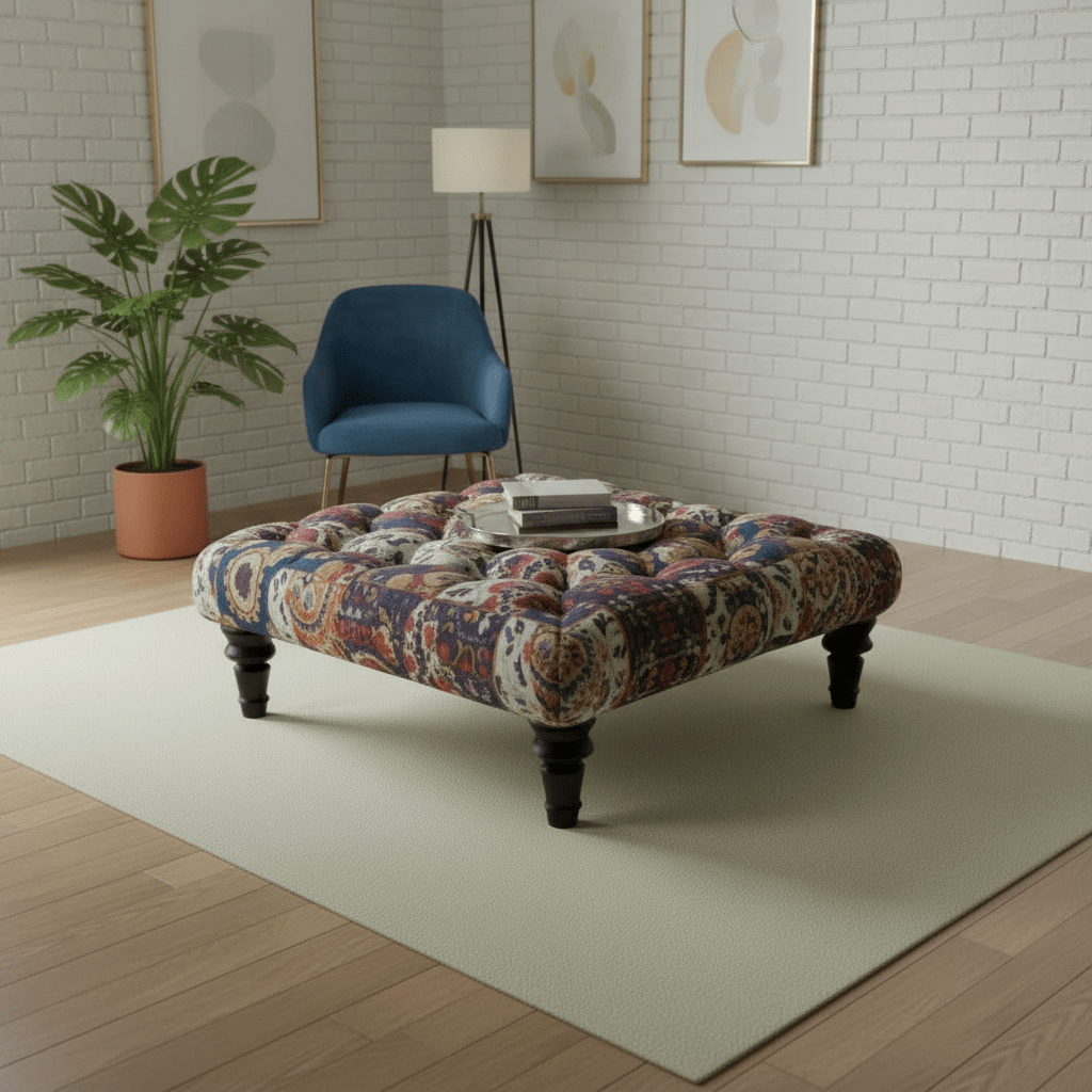 Bespoke Buttoned Upholstered Square Footstool Abstract Design - ISTOOLS