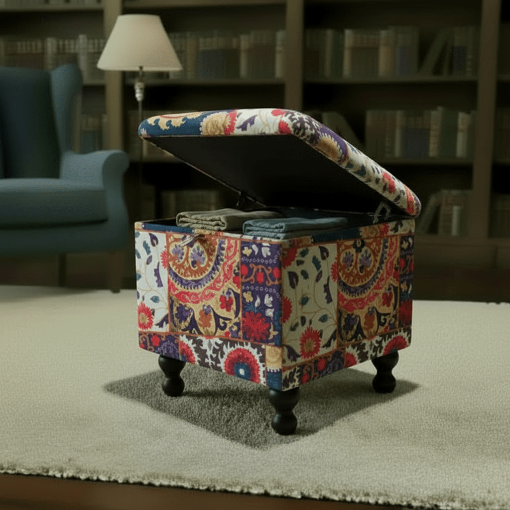 Bespoke Upholstered Square Storage Pouffe Artistic Motif - ISTOOLS