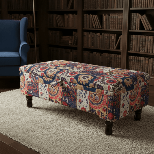 Bespoke Upholstered Storage Bench Artistic Motif Hidden Storage - ISTOOLS