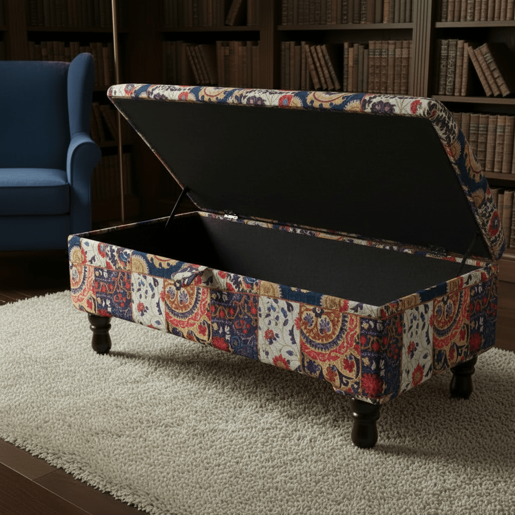 Bespoke Upholstered Storage Bench Artistic Motif Hidden Storage - ISTOOLS
